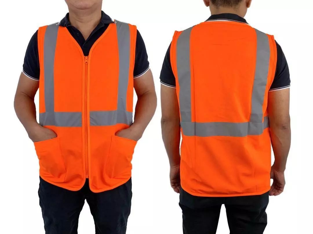 Hi Vis Reflective Safety Vest Workwear with Zipper & Pocket Day & Night  Orange