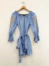 Designer Sarah J Curtis Size S Blue Linen Gold Embroidery Chic Women's Playsuit