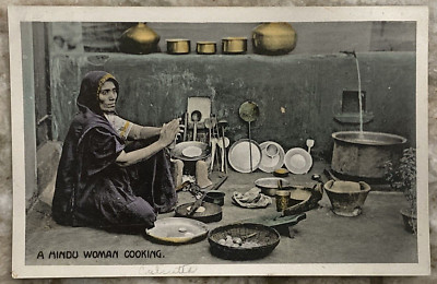 A Hindu Woman Cooking Calcutta India D. Marcopolo & Co. Color RPPC Postcard B554