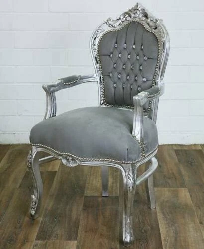 Poltrona barocco in legno di faggio Luigi XVI foglia argento tessuto grigio luxu - Immagine 3 di 3