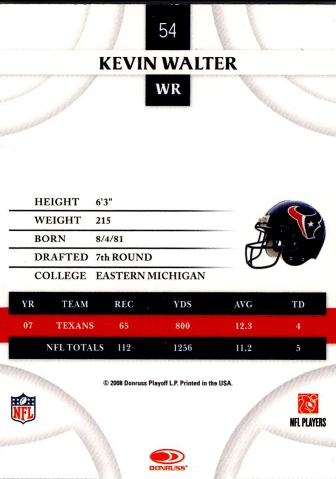 2008 Donruss Threads Kevin Walter Houston Texans #54 - Image 2 of 2