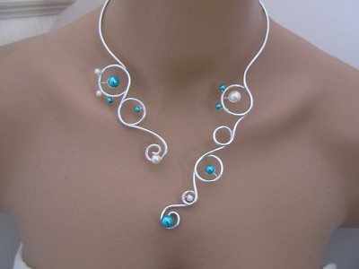 Collier Fantaisie Ivoire Turquoise Argenté - Pour Mariée Ou Cérémonie - Neuf