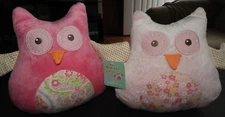 2 Plush Owl Shelf Sitters Bookends Doorstop Pink Paisley Floral Madison Chick 8"