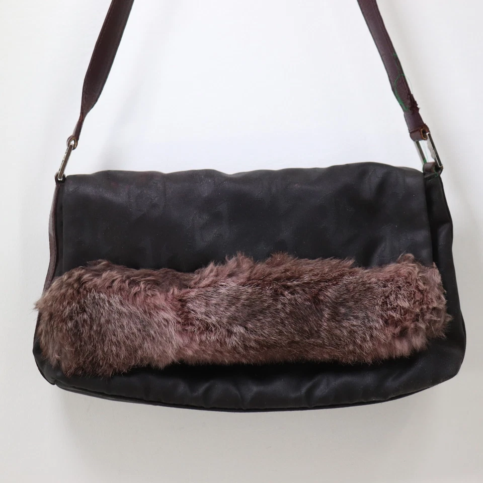 Bolso de Hombro A. Testoni Cuero Marrón Borde de Piel Púrpura Firma Bolso en Relieve Foto 2 de 4