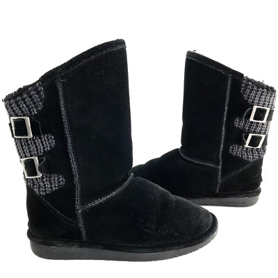 Bearpaw Boshie Size Youth Boots Black Suede Knit Sheepskin