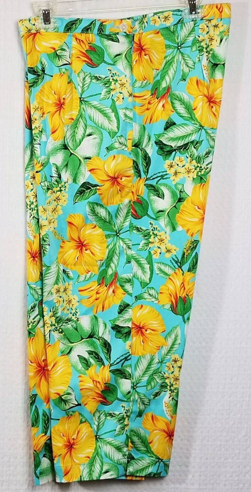 Pappagallo Women's Tropical Sea Blue Floral Print Capris w Side Button Size 16
