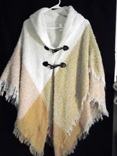 Mixit Brown White  Poncho One Size Toggle Closure ~Loose Knit Wrap