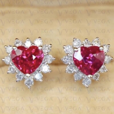 4.72Ct Heart Shape Natural Pink Ruby & Diamond Stud Earring 14K Solid White Gold