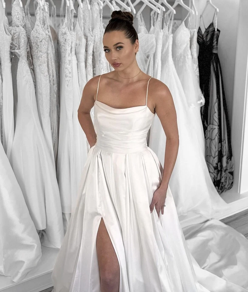 Beach Wedding Dresses With Slit Spaghetti Straps Backless Satin Bridal Gown - Image 2 of 4