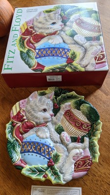 Kitty With Ornament Design Plate,Fitz&Floyd, New In Box,Hang Or Use For Cookies