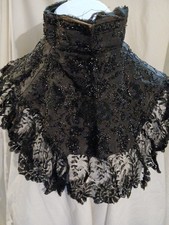 Edwardian Black Lace Glass Bead Sequin Dress Collar with Satin Frog Closure