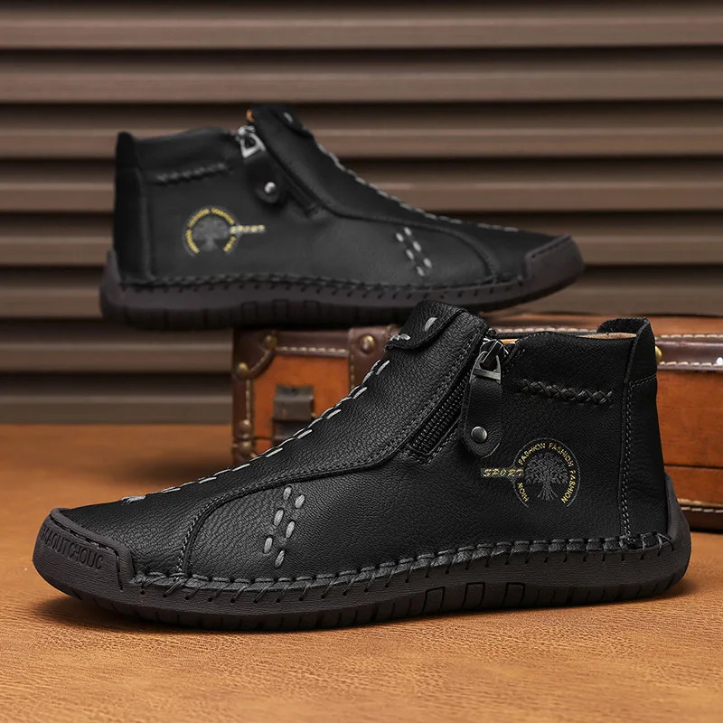 Handmade Leather Shoes Casual Men's Zipper Loafers Ankle Boo