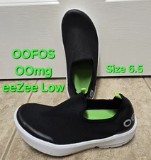 OOFOS OOmg eeZee Low Slip On Shoes, Black/White, Size 6.5