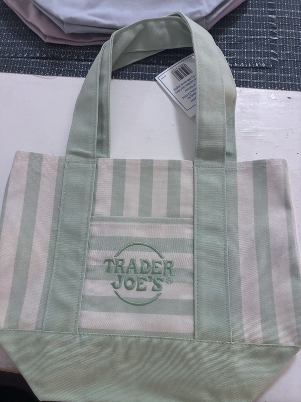 Trader Joe's Canvas Reusable Tote Bag Green & White Striped 11-15 in