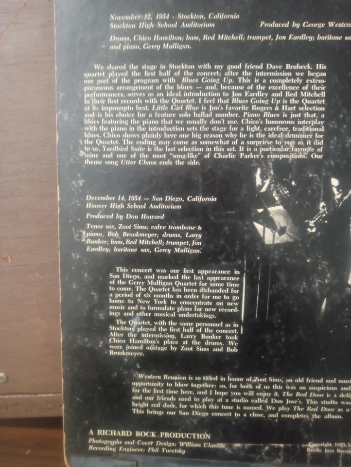 Gerry Mulligan – California Concerts 1955 Pacific Jazz Records LP-1201 G+/G+. Foto 4 de 4