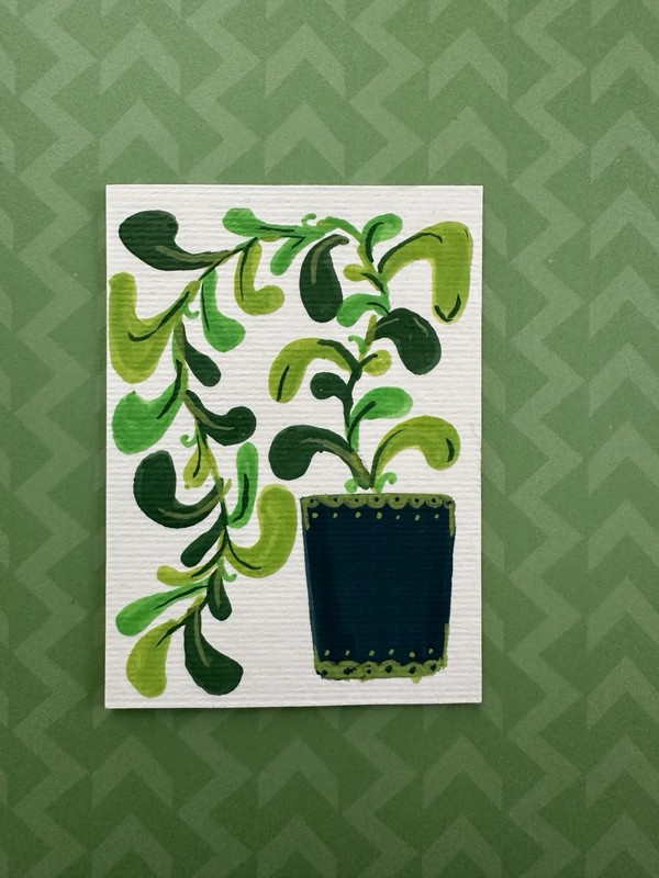 Modern Art Pothos Plant ACEO Original Art Card Lush Greens