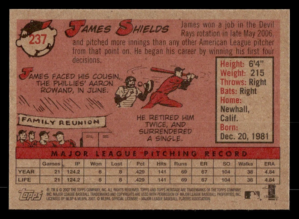 2007 Topps Heritage #237 James Shields Card Tampa Bay Devil Rays - Image 2 of 2