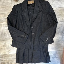 Vtg Saville Wool 2pc Pleated Skirt Suit Set Black Dark Gray Womens Jacket