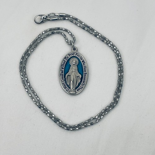 Miraculous Medal Necklace Virgin Mary Pendant 20" Popcorn Chain 1.5" Blue Enamel