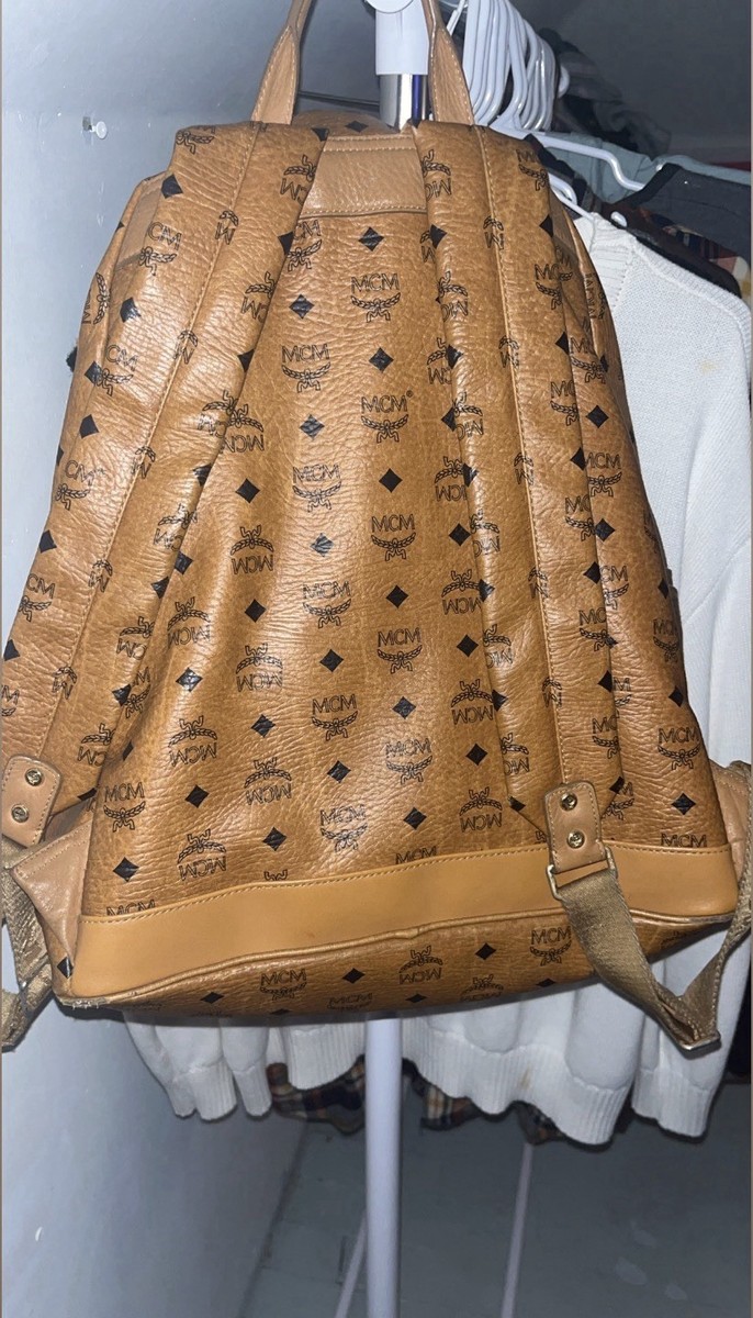 MCM Brown Monogram Studded Backpack Zip Closure Adjustable Straps Pockets View 2