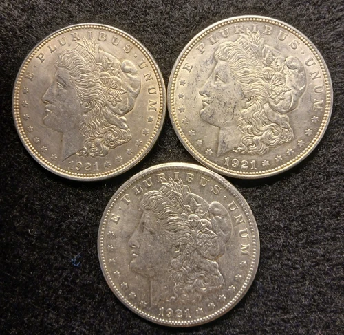 Lot of (3) 1921 Morgan Silver Dollars P-D-S, Well Matched nice AU coins