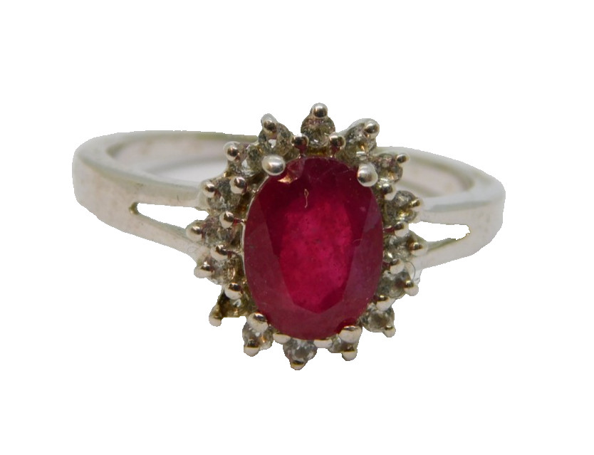 Sterling Silver Oval Ruby & White Sapphire Cluste… - image 1