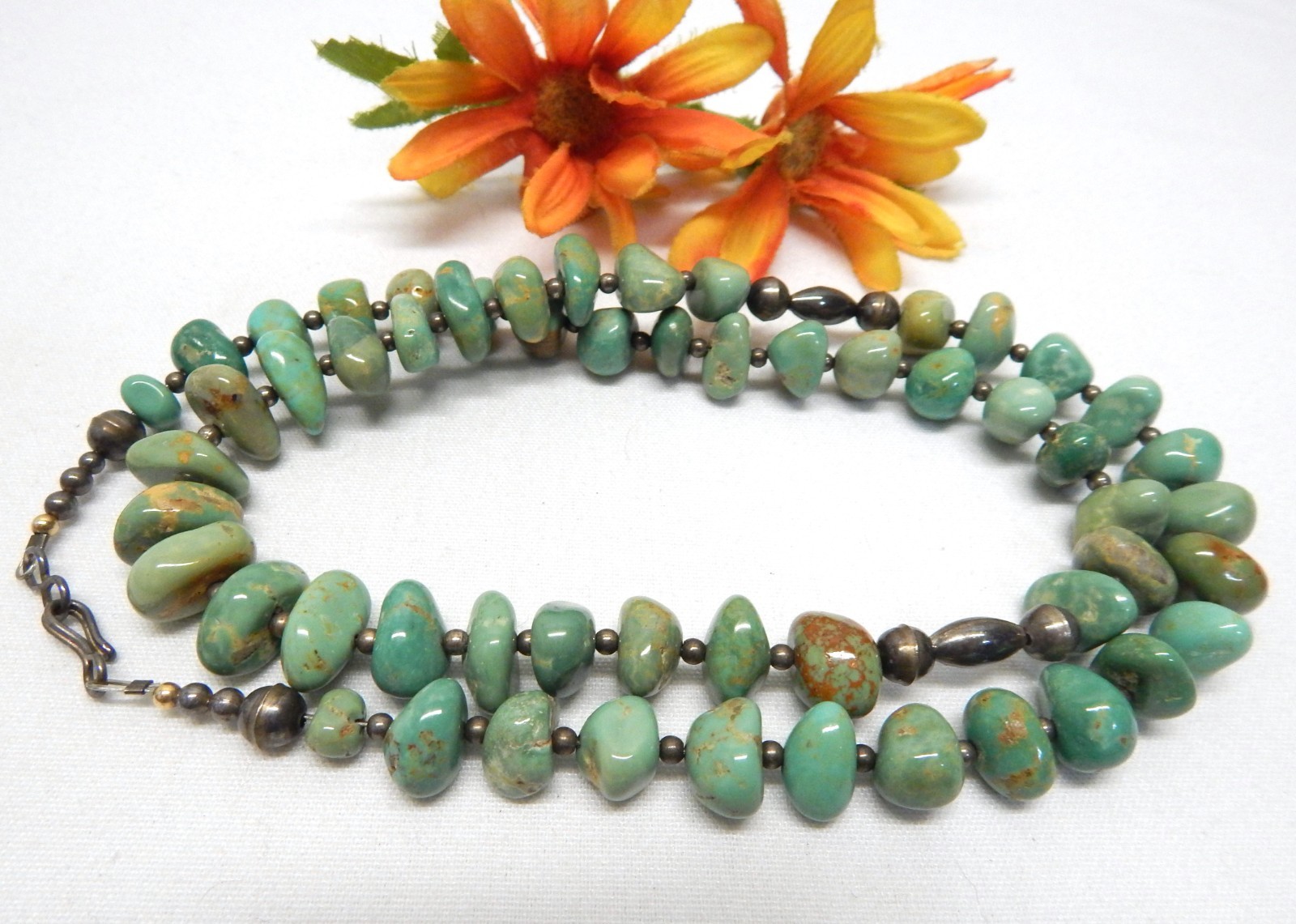 Vintage Navajo 925 Sterling Silver, Turquoise Gemstone Bead Necklace 26