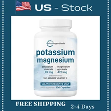 Pure Potassium Supplement with Magnesium Glycinate, 300 Capsules | Enhanced with