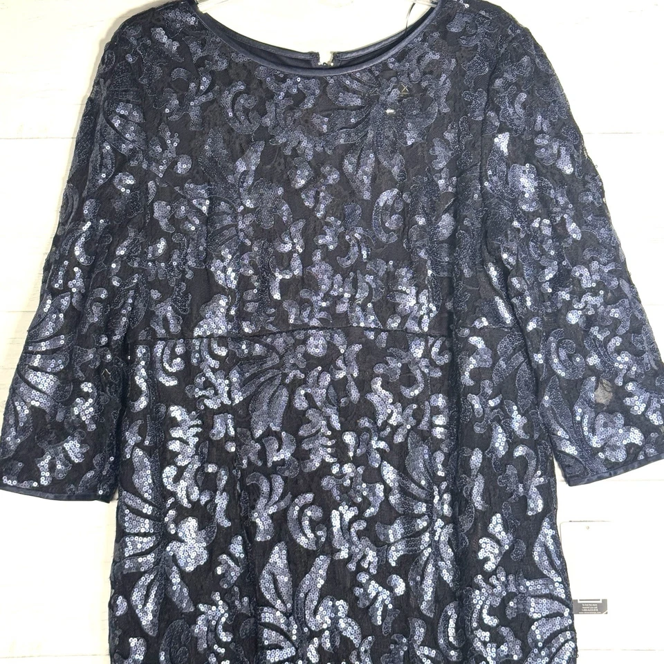 NEW Alex Evenings Blue Black Sequin Mesh Long Gown 3/4 Sleeves Women Sz 18 Lined - Image 2 of 4