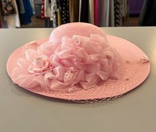 Pink Floral Straw Church Hat with Pearl Detailing