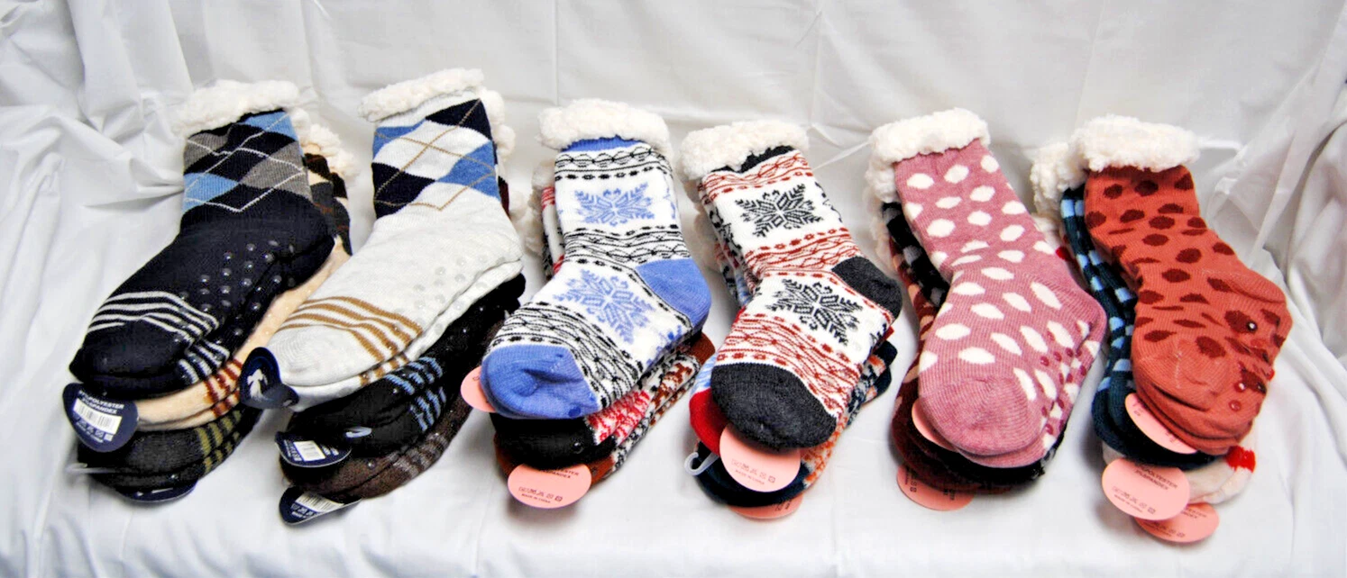 Mens & Ladies Sherpa Fleece-Lined Slipper Socks with Grippers Lot of 3 Pr T2250