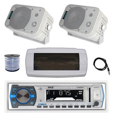 Pyle Bluetooth Marine Receiver, Cover, Antenna,Wire, 2x 5.25" 400W White Speaker