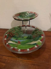 Peggy Karr Fused Glass Golf Scene Chip Dip Set 2 Bowls and Metal Stand