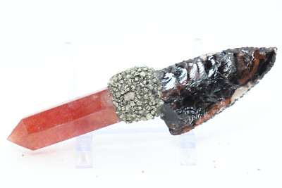 Flint Knapped Goldsheen Obsidian Knife Strawberry Quartz Handle w/Crushed Pyrite