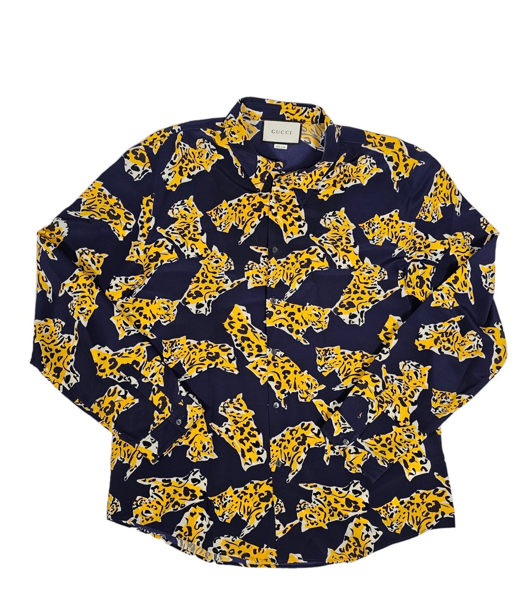 GUCCI グッチ シルク レザー トップス レオパード SIZE 36 Gucci Leopard Print Shirt Size 43/17 Silk Gender Neutral Navy