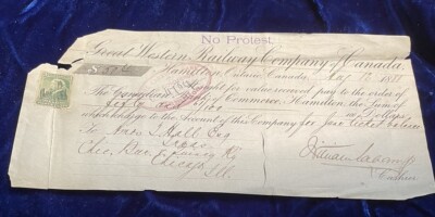 Great Western Railway Co. Of Canada No Protest Check. 1881 With Stamp