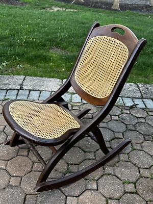 Antique Folding Rocking Chair Solid Wood Cane Back And Seat