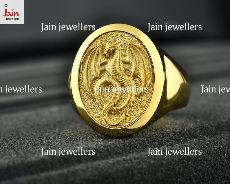 18 Kt, 22 Kt Genuine Solid Gold Winged Dragon Signet Men'S Ring 12 24  Grams
