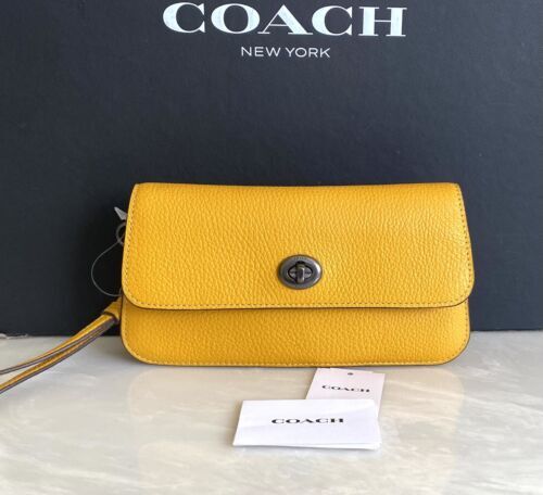 COACH Light Yellow Signature Logo Long Wallet Round Zip Very Rare