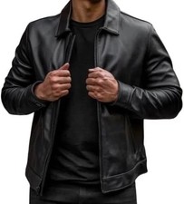 Men’s Black Lambskin Leather Jacket Shirt Collar Vintage Classic Biker Style