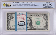 1977 STAR 🌟 PACK CONSECUTIVE NOTES $1 PCGS GEM UNC 65 PPQ 1909-K* DALLAS