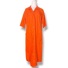 Vintage 70s House Dress Bright Orange Retro Hostess Dress Mod Patch Pockets 12