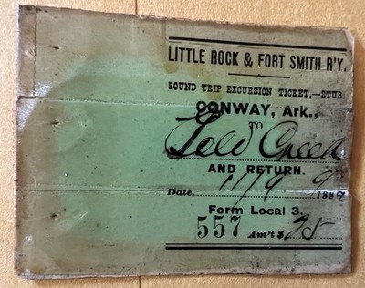 Vintage 1889 Little Rock & Ft. Smith Railroad Round Trip  Agent Ticket Stub