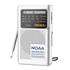 PRUNUS J161 NOAA Weather Radio AM FM, Battery Operated Pocket, White