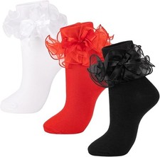 Women Big Ruffle Ankle Socks Double Lace 9-11 3 Pairs - White, Red, Black
