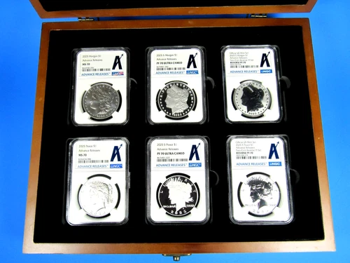 2025  S 6-Coin Set, Morgan/Peace Dollars  NGC Ms/Pf/Rev. Pf 70 Advanced Releases