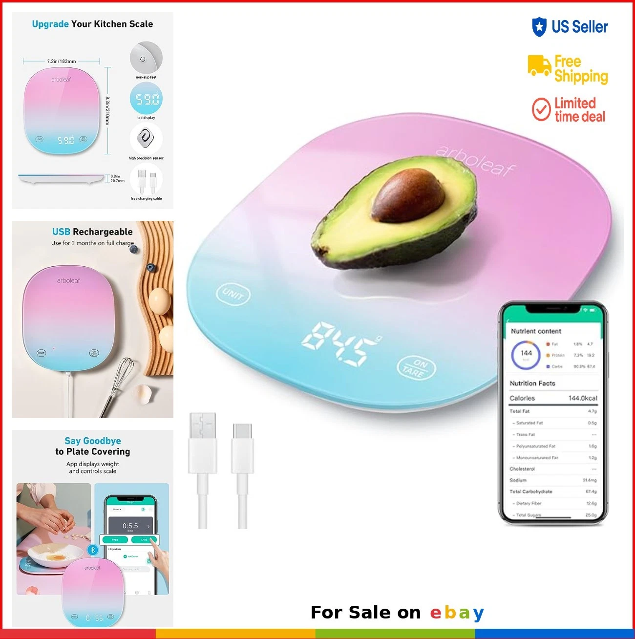 Digital Kitchen Food Scale Rechargeable 22lb 10kg 0.1oz 0.5g Smart App USB