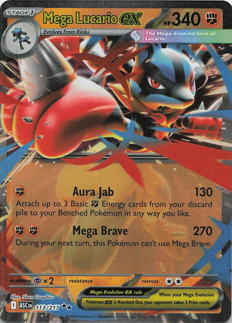 Mega Lucario ex #113 Pokemon Ascended Heroes trading card — raw and PSA graded price guide