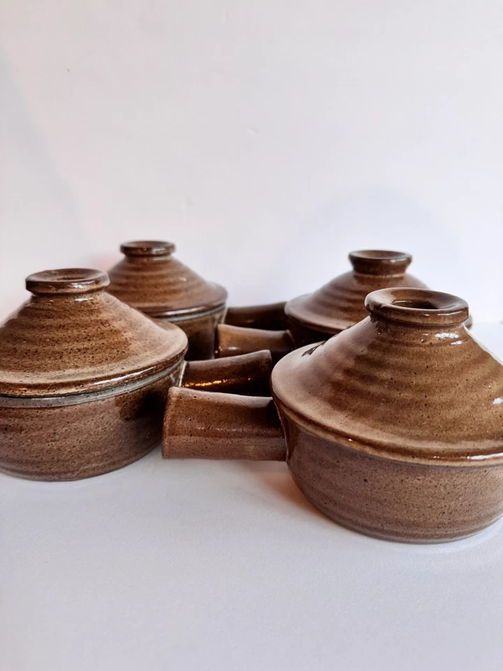 Set of 4 Vintage Brown Covered French Onion Soup Crocks - Brown Stoneware - Image 4 of 4
