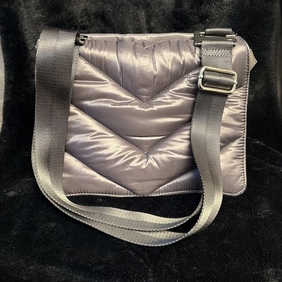 Caraa x Athleta Dark Gray Bag w Chrome Puffer Quilted Crossbody Purse, VGC
